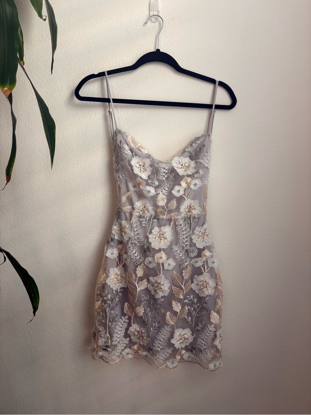 Lucy in the Sky Gray & Gold Floral Embroidered Mini Dress Fairycore Boho
